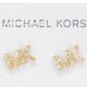 MICHAEL KORS Womens MK Logo Stud Earrings Pave Crystals Gold Tone Glitz